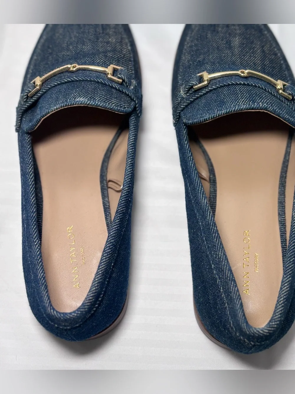 Ann Taylor Denim Loafers with Gold Horsebit Detail